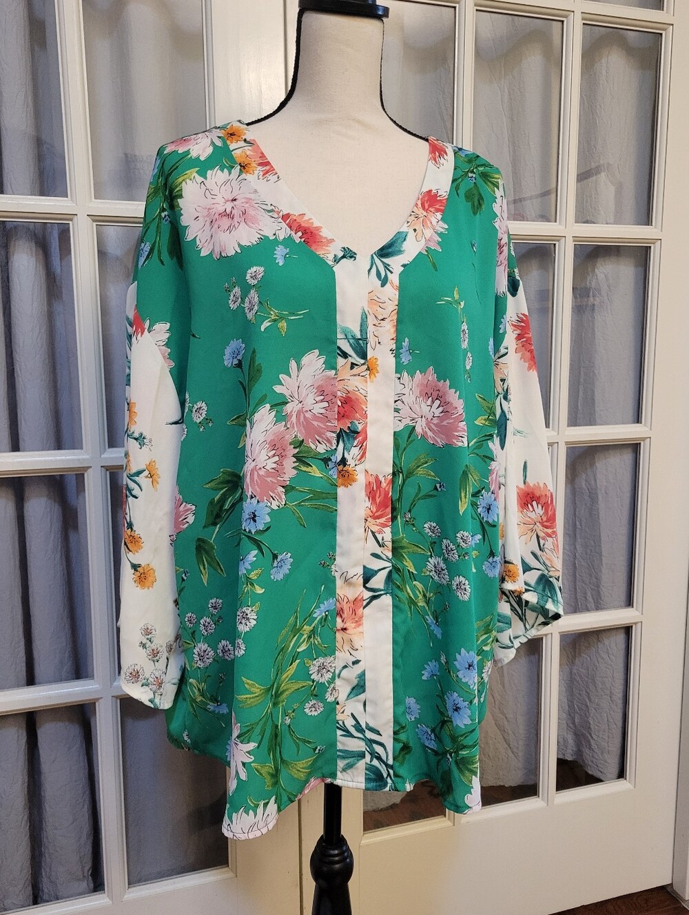 Chenault Green Floral V-Neck Blouse with Cream Trim